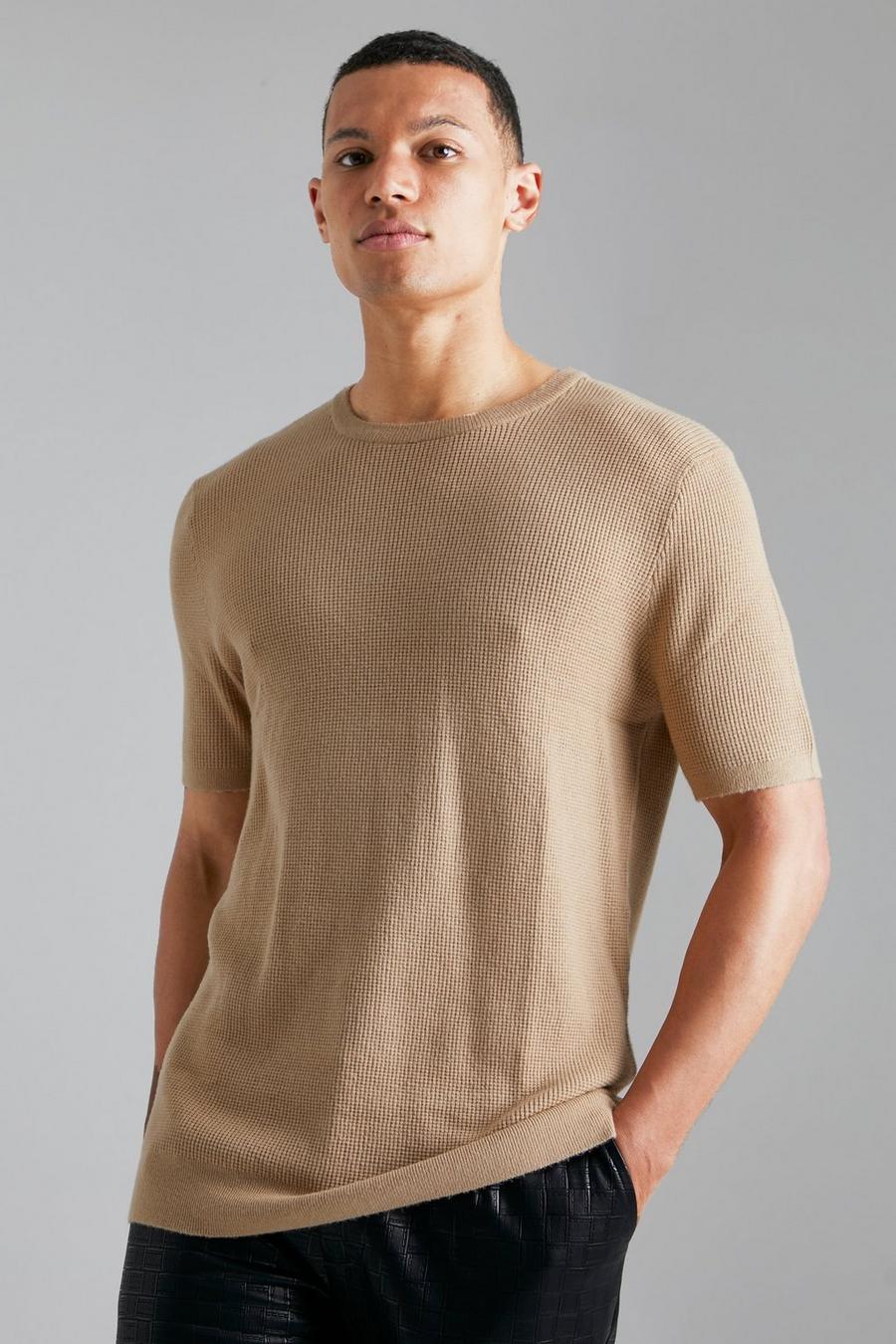 Camel beige Tall Gebreid T-Shirt Met Textuur