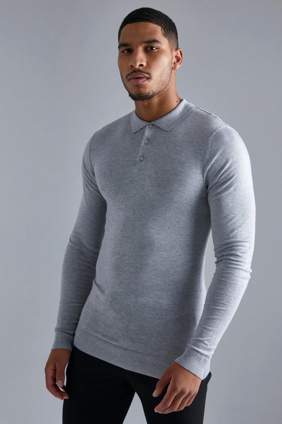 Grey marl Tall Muscle Fit Long Sleeve Polo