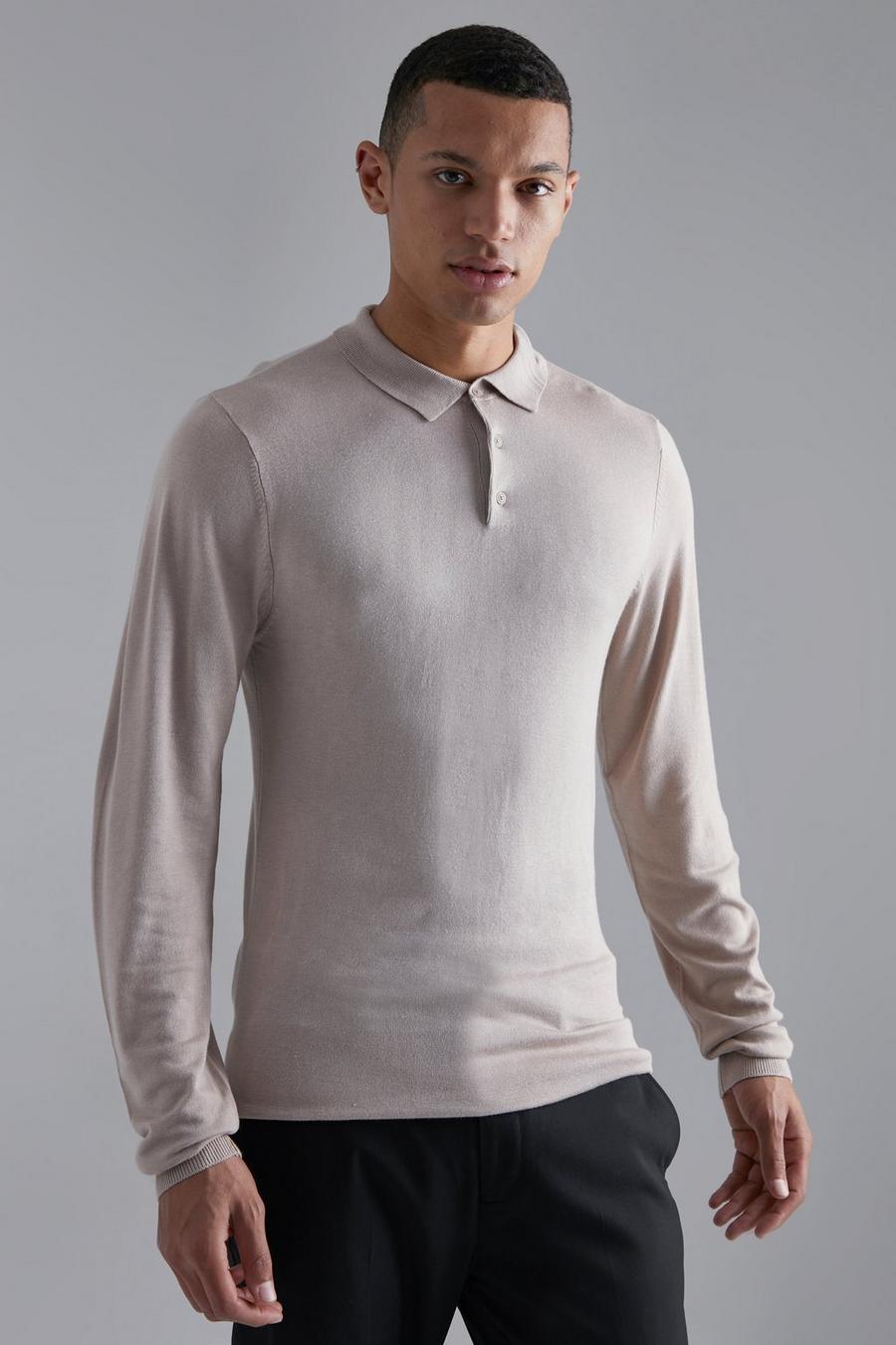 Taupe Tall Muscle Fit Long Sleeve Polo image number 1