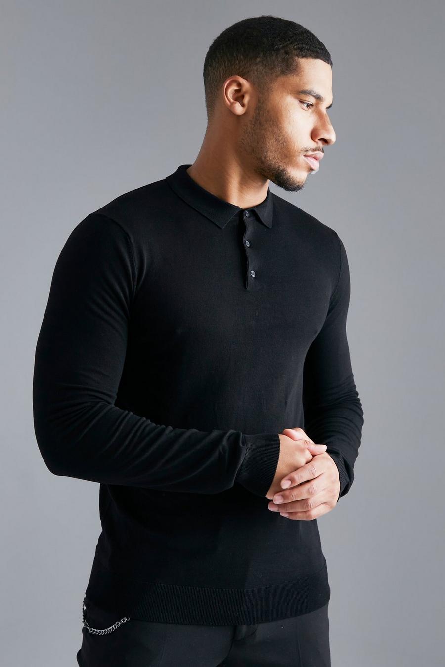 שחור negro חולצת פולו סרוגה עם שרוולים ארוכים, לגברים גבוהים