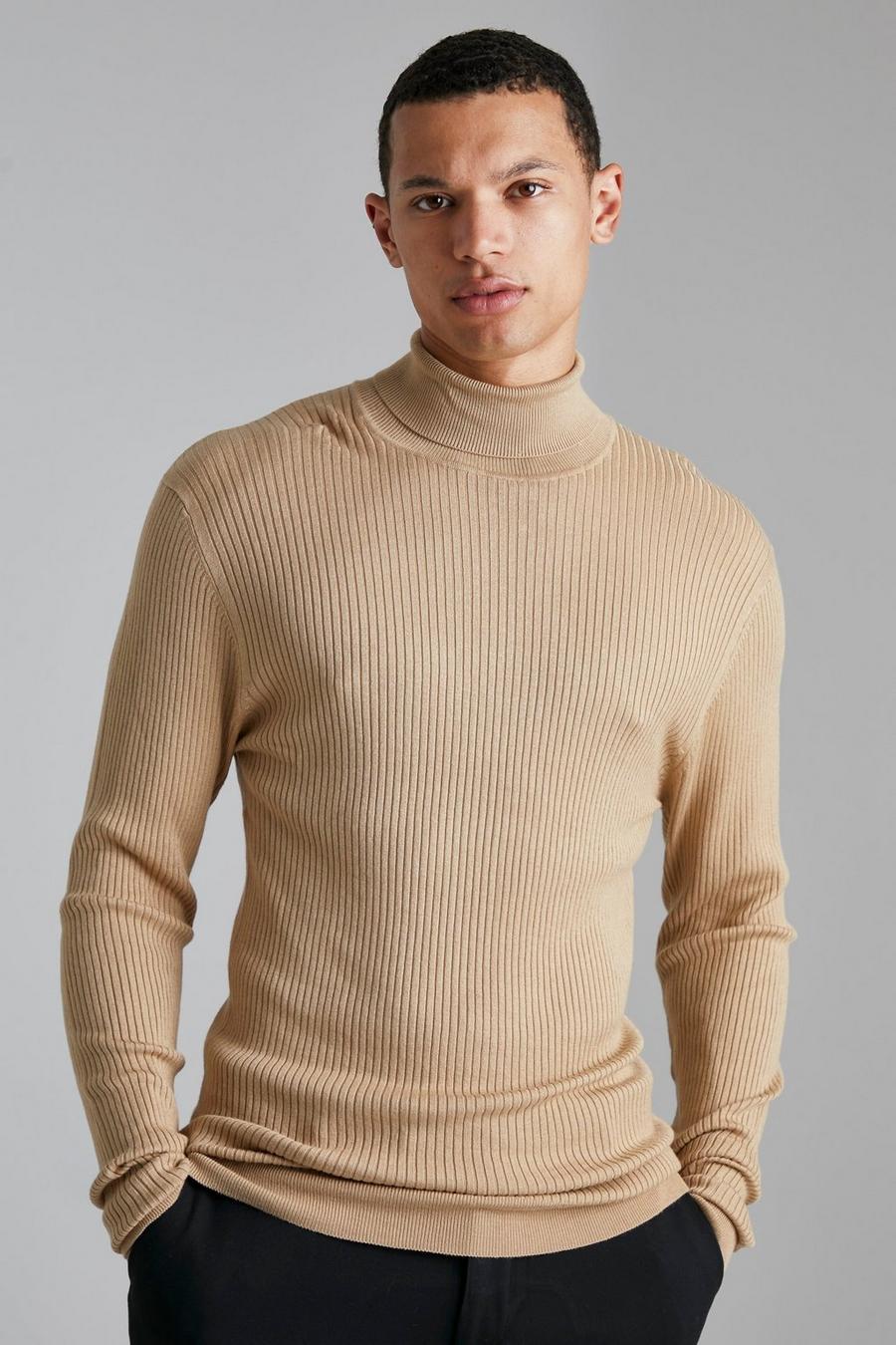 Camel Tall Muscle Ribbed Roll Neck Jumper image number 1
