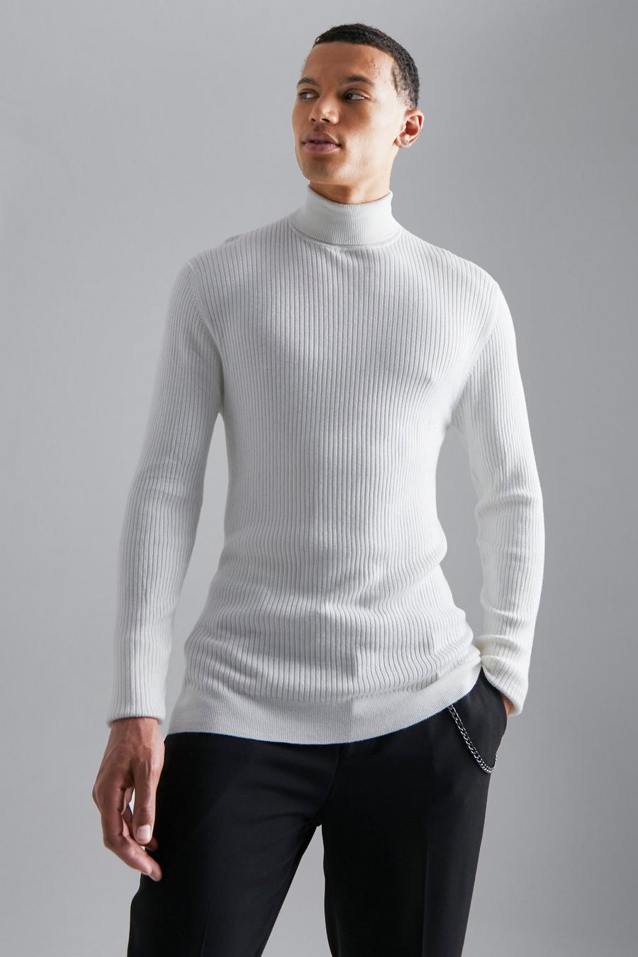 White Tall Muscle Ribbed Roll Neck Jumper image number 1