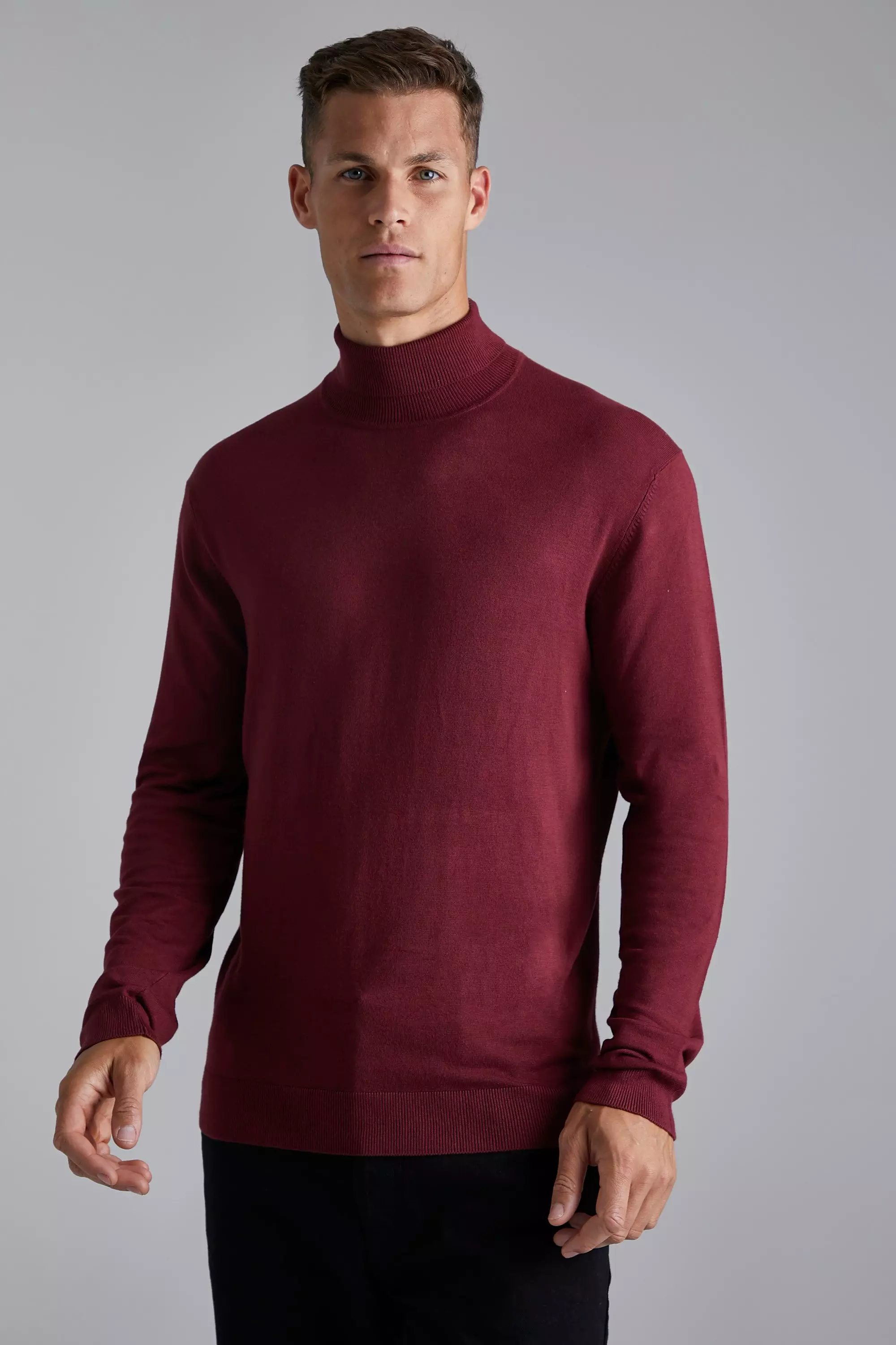 Mens burgundy 2025 roll neck jumper