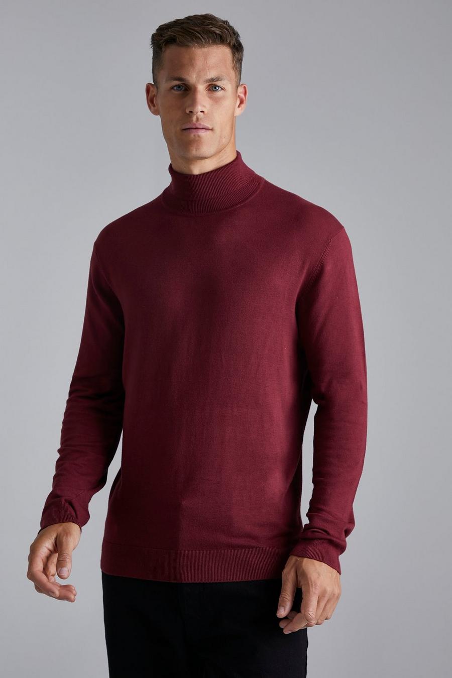 אדום בורגונדי rojo סוודר בגזרה רגילה עם צווארון נגלל, לגברים גבוהים