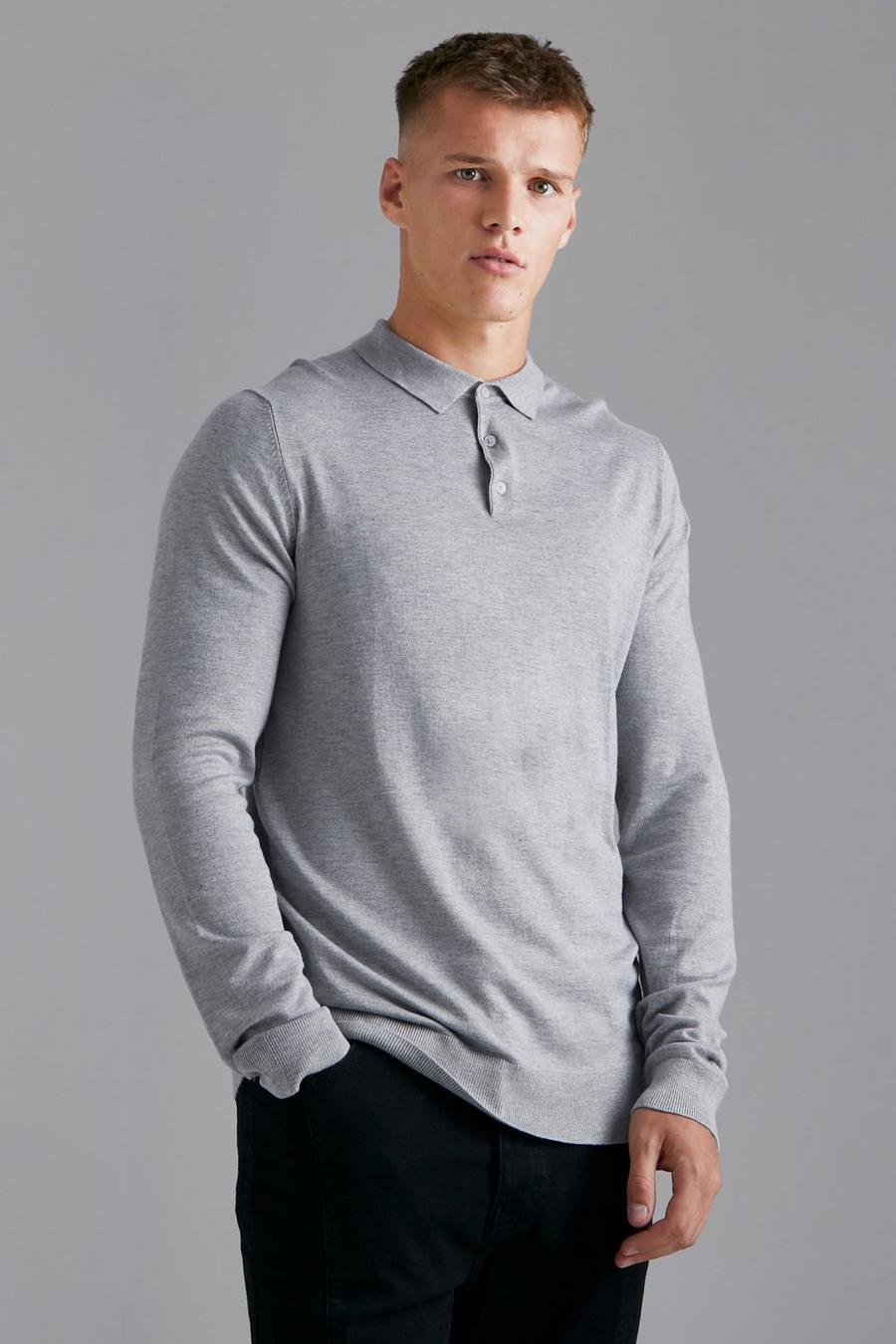 Grey marl grigio Tall Long Sleeve Knitted Polo image number 1