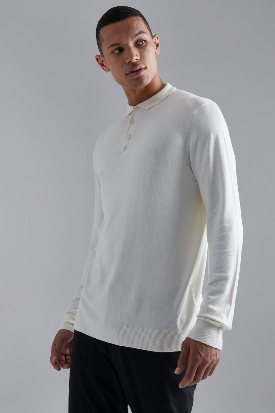 Cream Tall Long Sleeve Knitted Polo image number 1