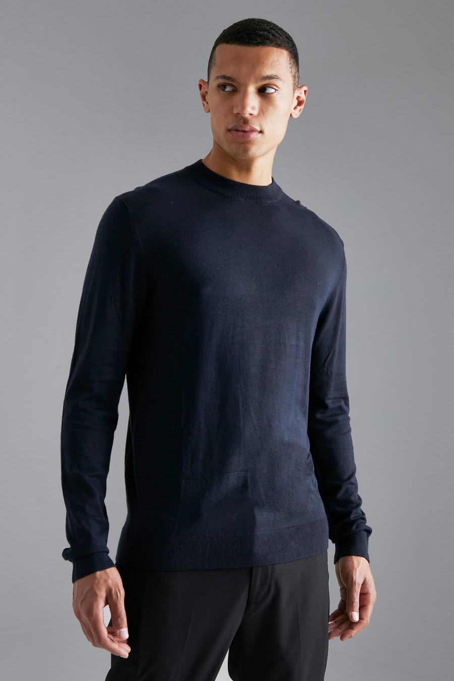 Navy marinblå Tall Stickad tröja med polokrage image number 1