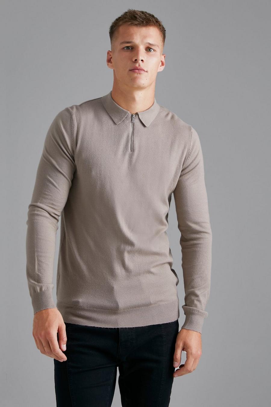 Taupe Tall Long Sleeve Half Zip Polo image number 1