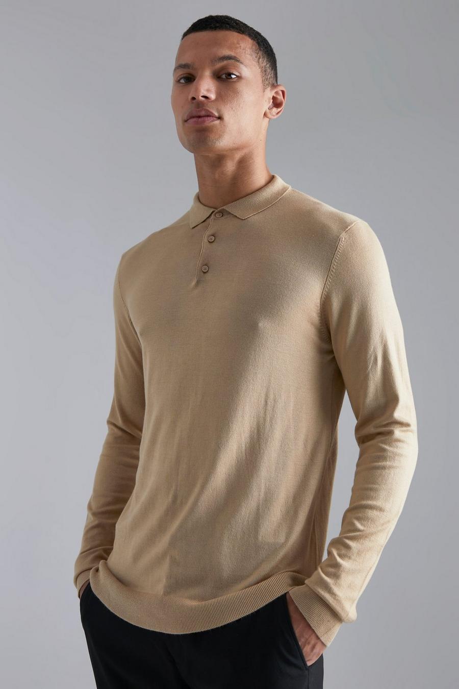 Camel Tall Long Sleeve Knitted Polo image number 1