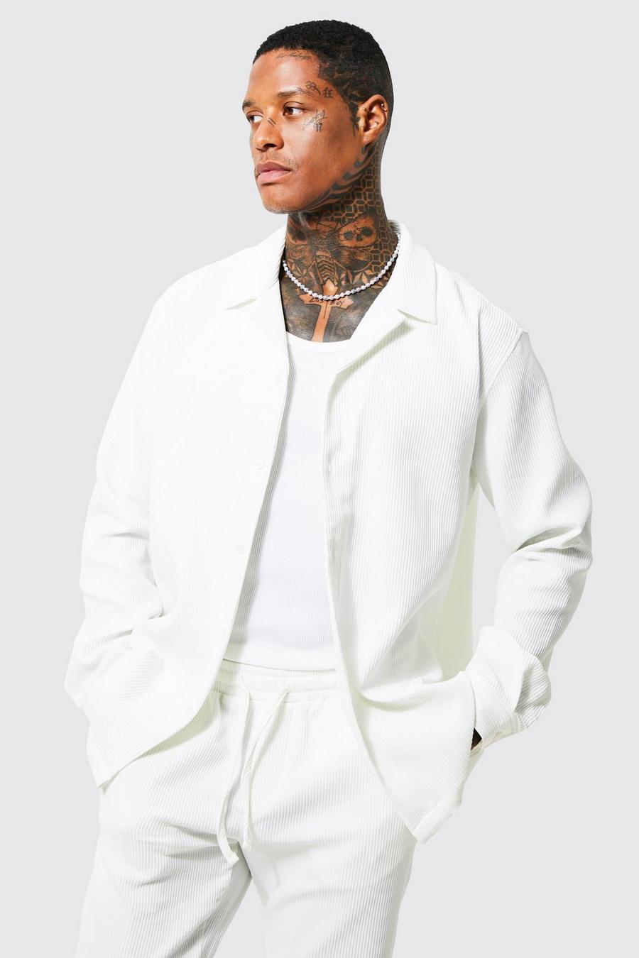 White blanc Long Sleeve Revere Oversized Pleated Shirt