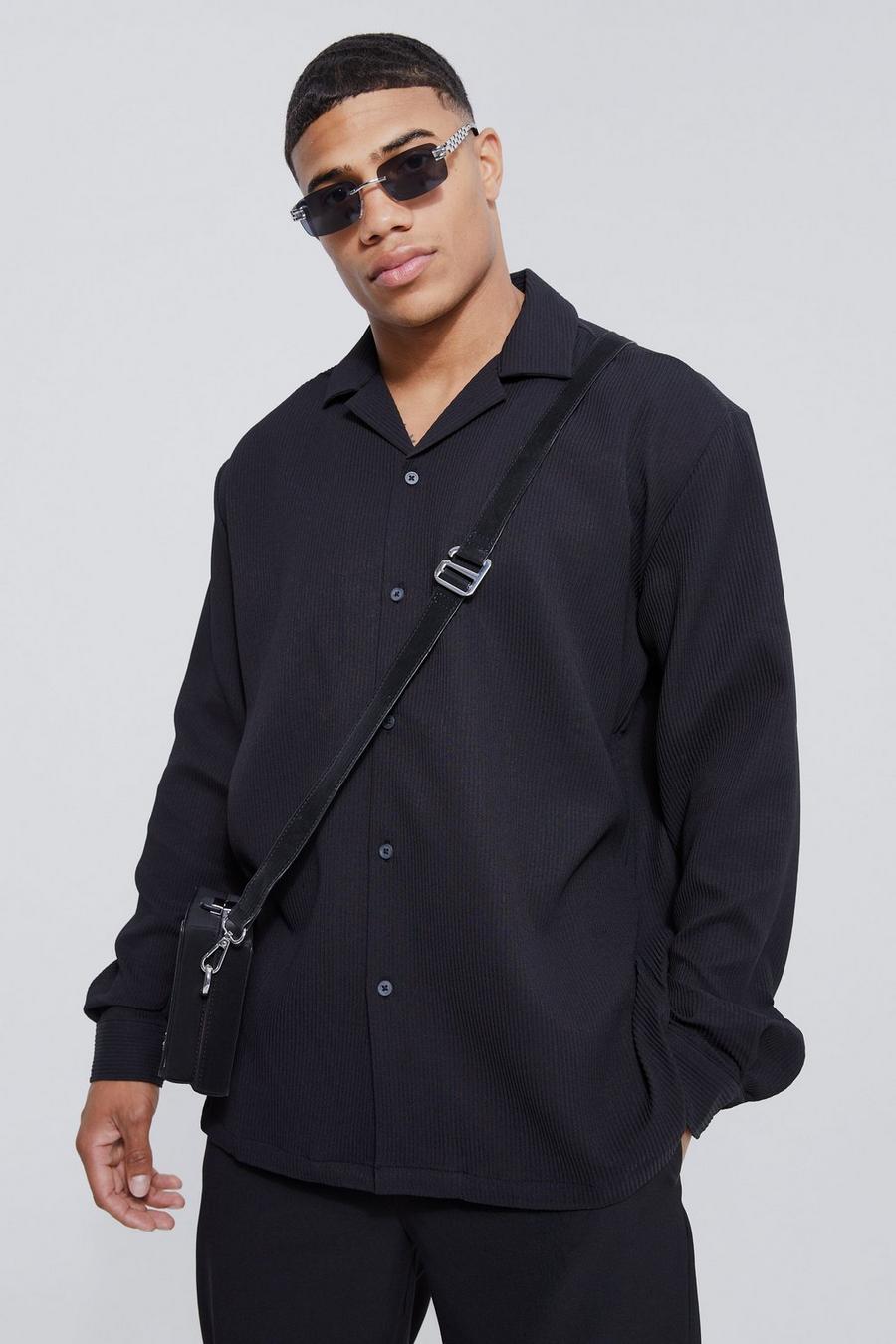 Black Long Sleeve Revere Oversized Pleated Shirt image number 1