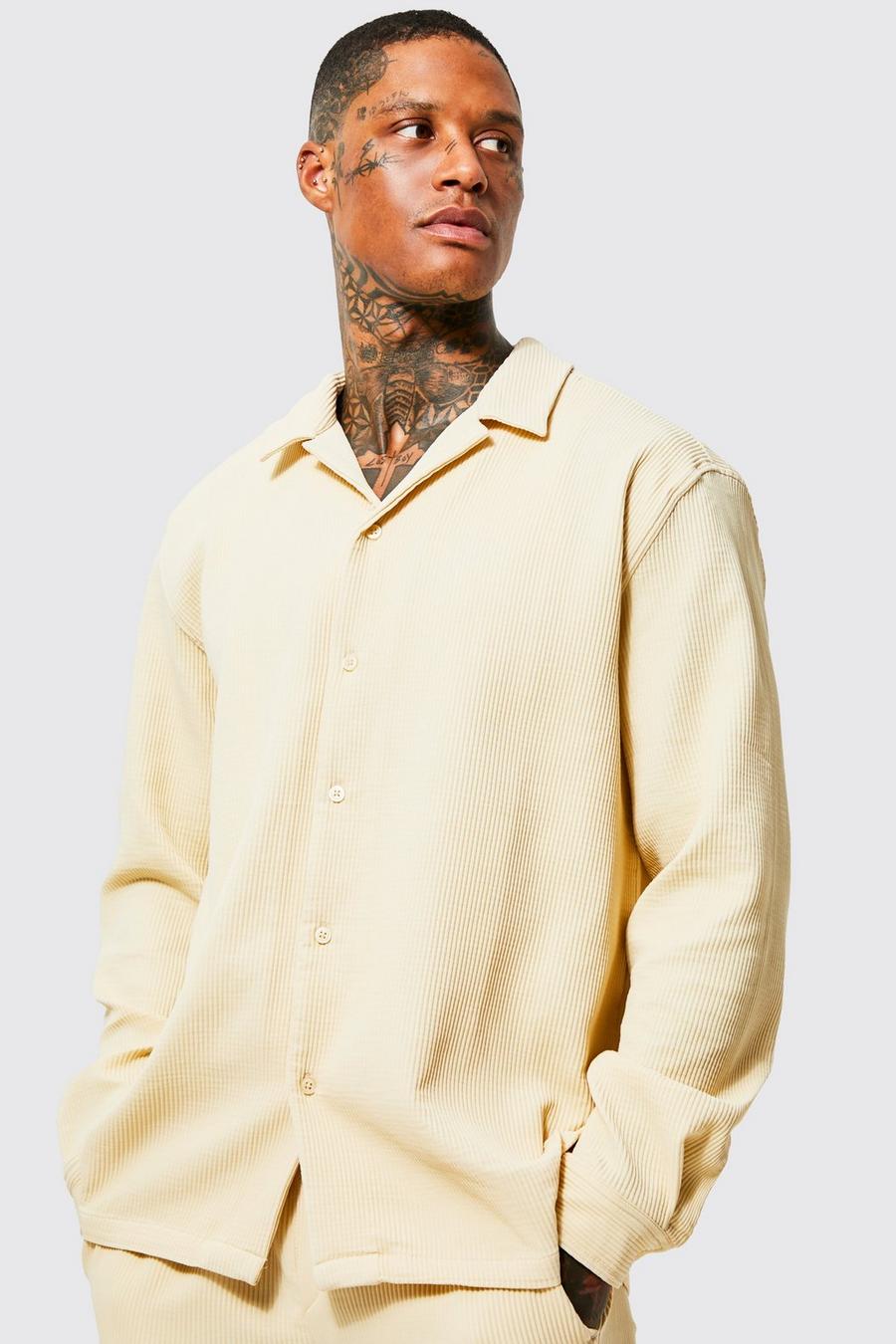 Taupe beige Long Sleeve Revere Oversized Pleated Shirt image number 1
