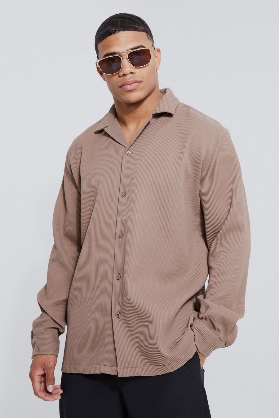 Mocha Long Sleeve Oversized Revere Pleated lang Shirt image number 1