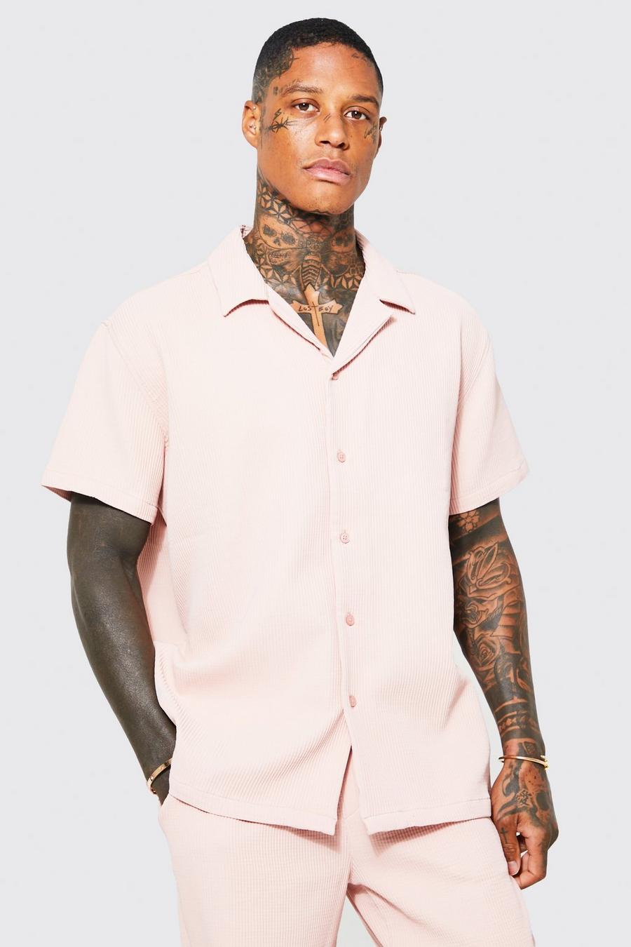 Light pink Oversized Geplooid Overhemd Met Korte Mouwen En Revers Kraag image number 1