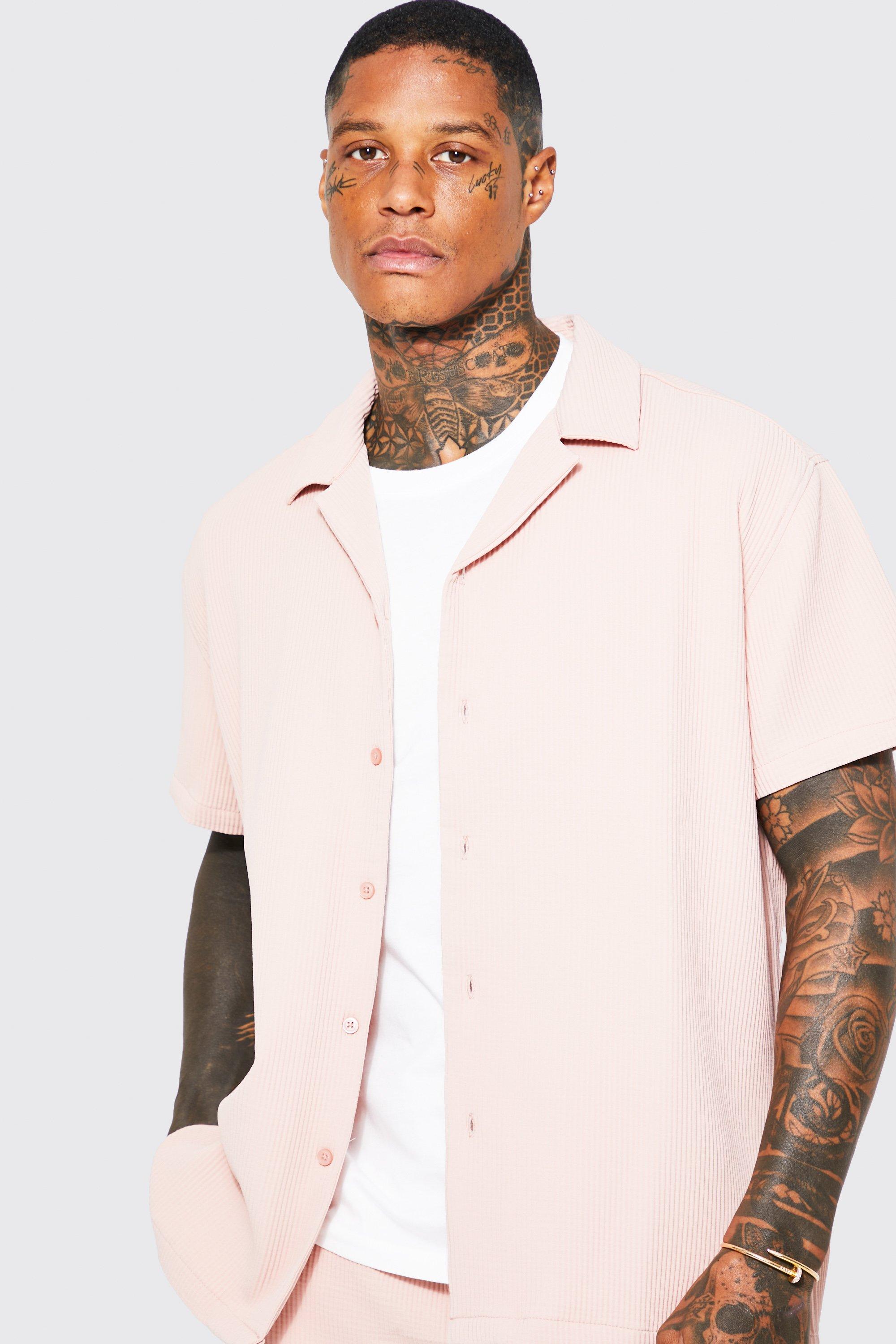 Men's Short Sleeve Revere Oversized Pleated Shirt