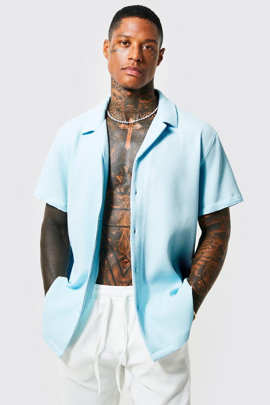 Chemise plissée à manches courtes, Light blue