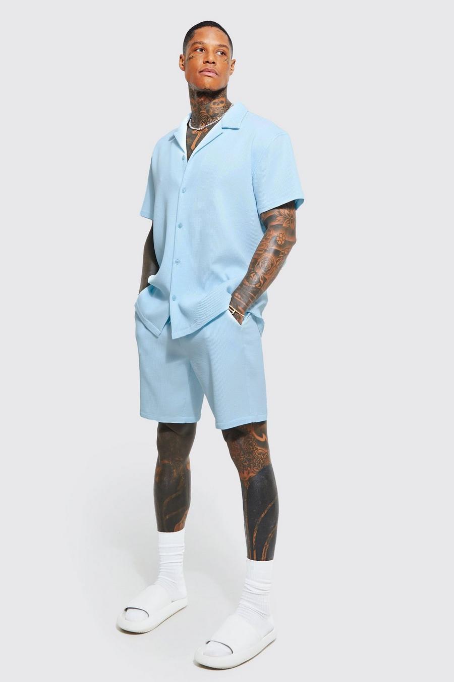 Light blue Oversized Short Sleeve Pleated Shirt And Short