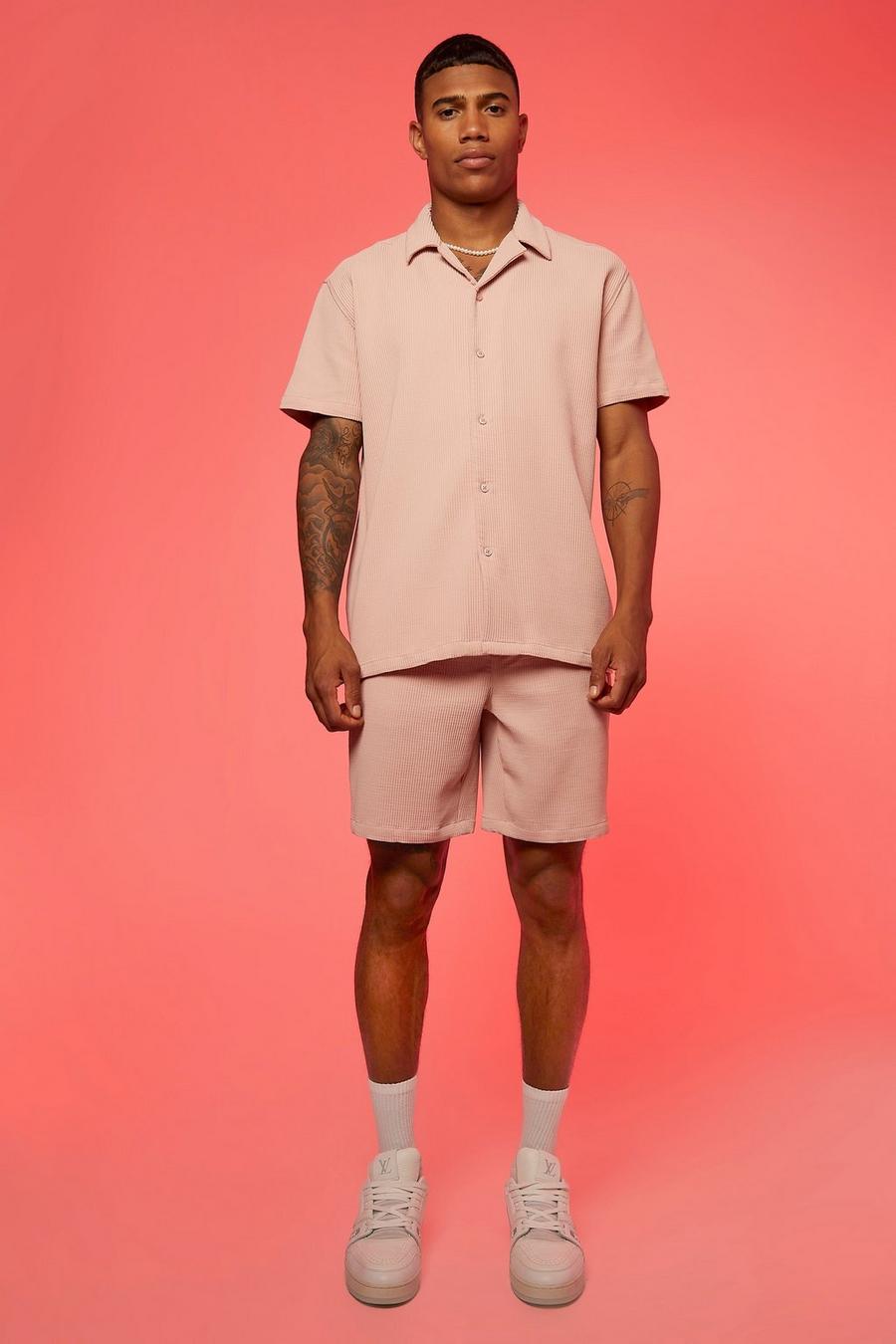 Light pink Oversized Short Sleeve Pleated Shirt And Short