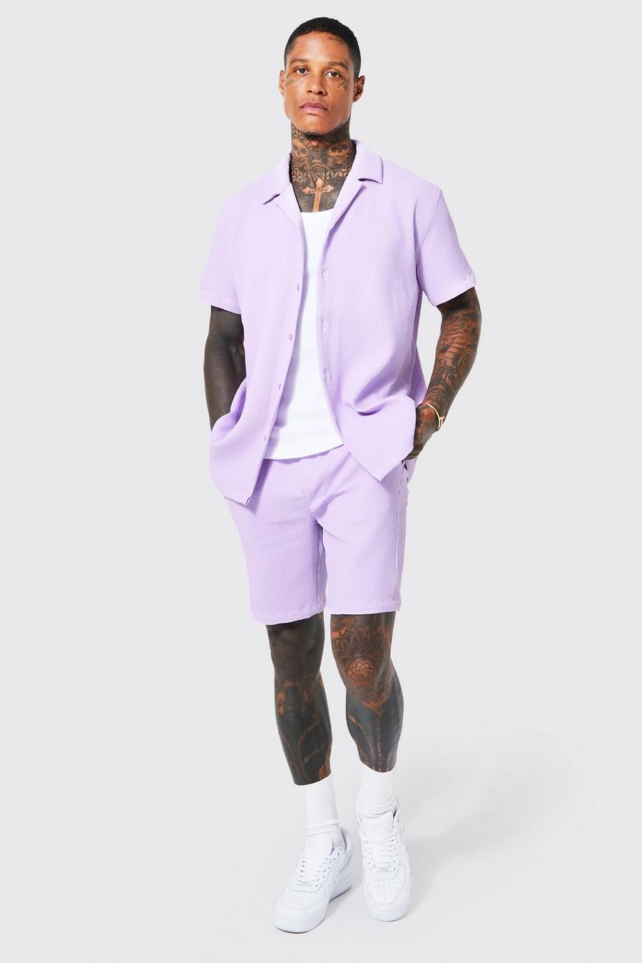 Lilac purple Oversized Geplooid Overhemd Met Korte Mouwen En Shorts