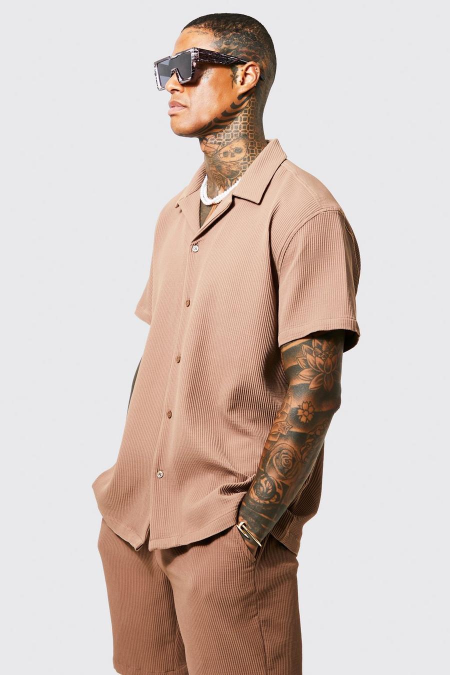 Mocha beige Oversized Short Sleeve Pleated Shirt And Short