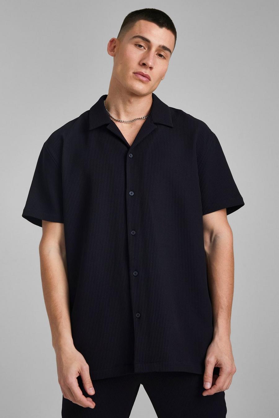 Black Geplooide Overhemd Met Korte Mouwen En Revers Kraag