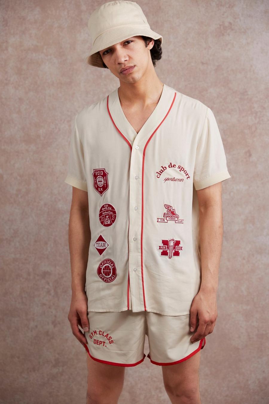 Camisa de viscosa con bordado de béisbol, Ecru blanco