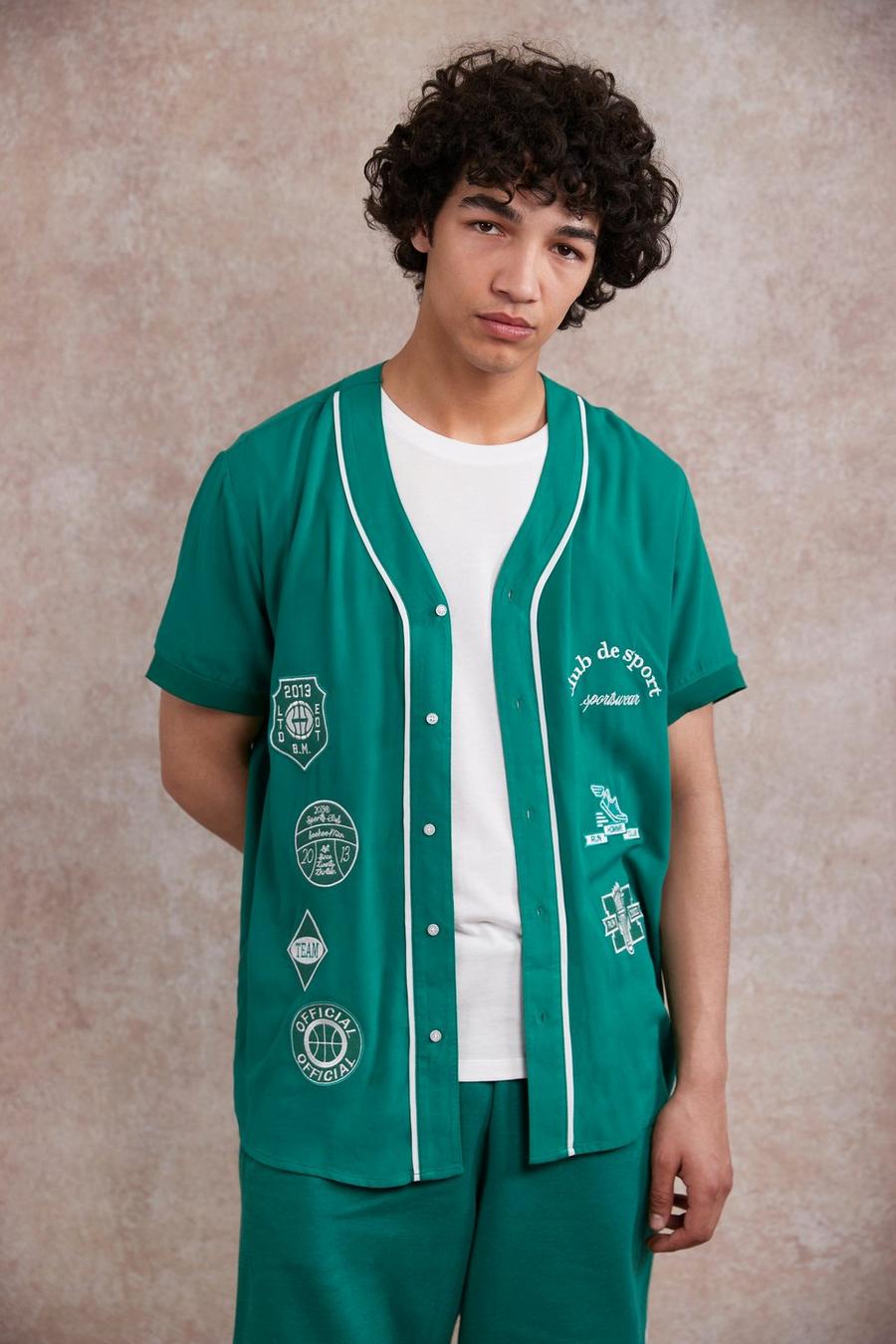 Green Viscose Baseball Embroidered Shirt image number 1