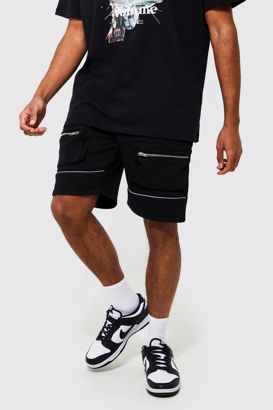 Black Loose Fit Mid Piping Detail Cargo Jersey Short image number 1