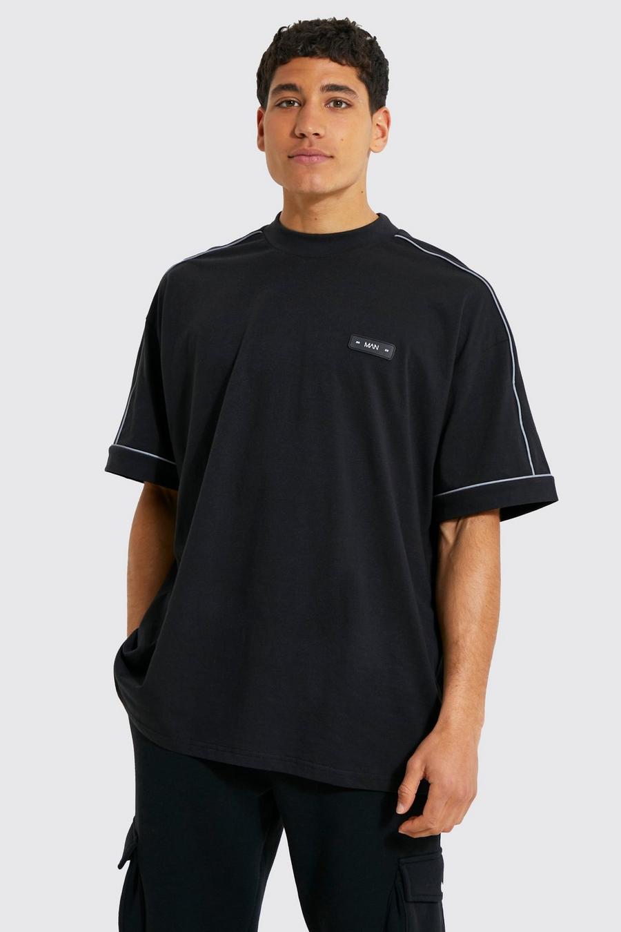 Black Oversized Extended Neck T-shirt With Piping image number 1