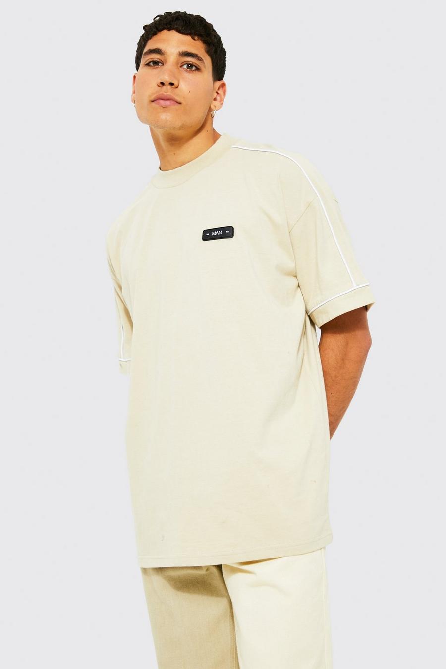Sand Oversized Extended Neck T-shirt With Piping image number 1