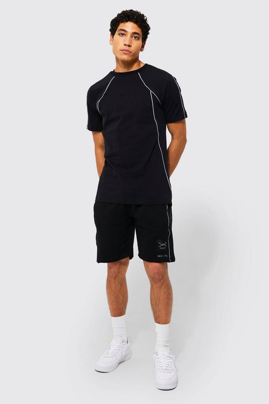 Black Slim T-shirt & Short Set Reflective Piping image number 1