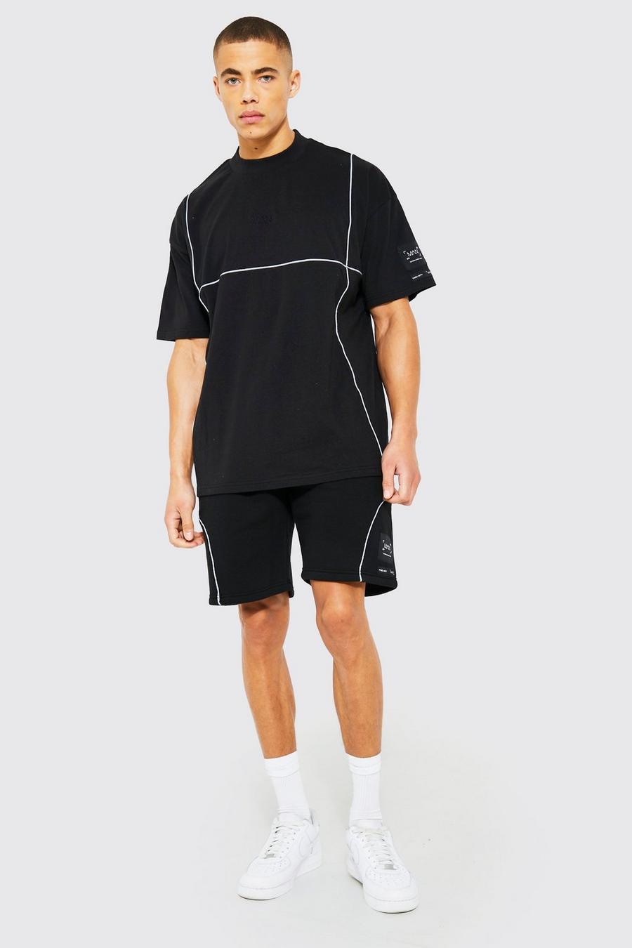 Black Oversized T-shirt & Short Set With Piping