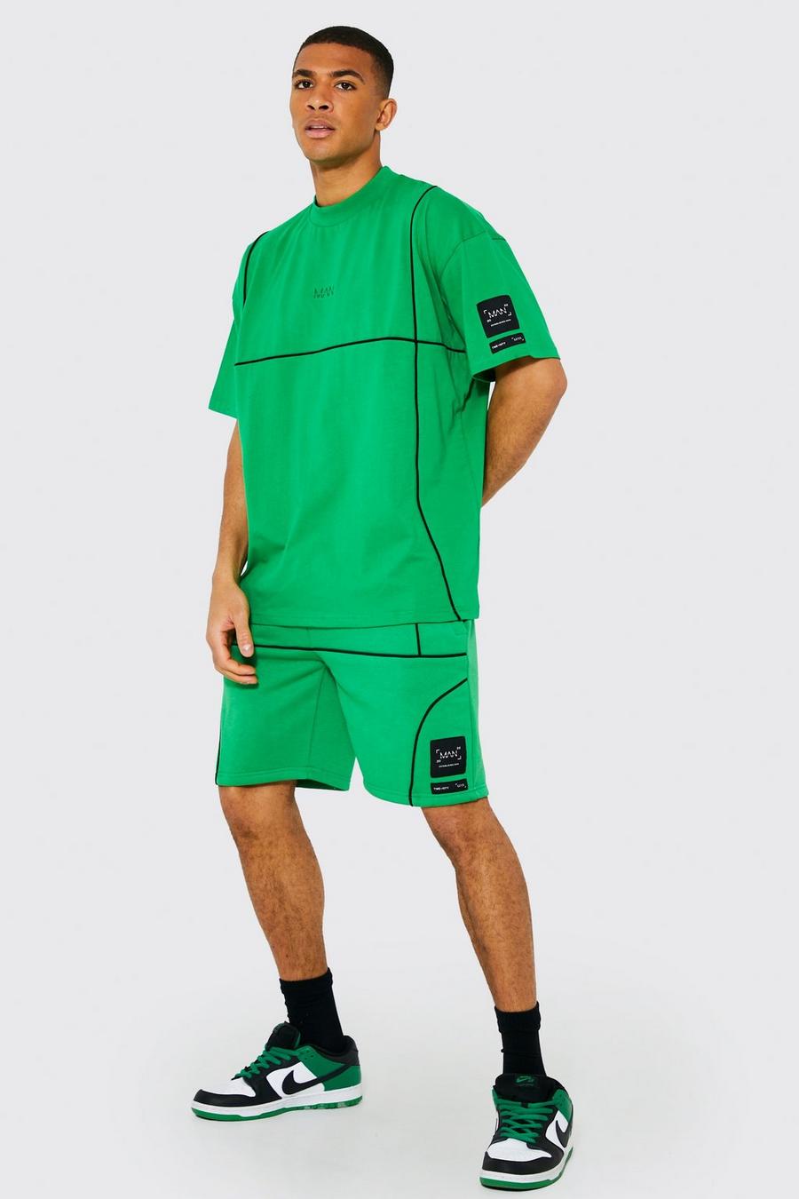 Green Oversized T-shirt & Short Set With Piping image number 1