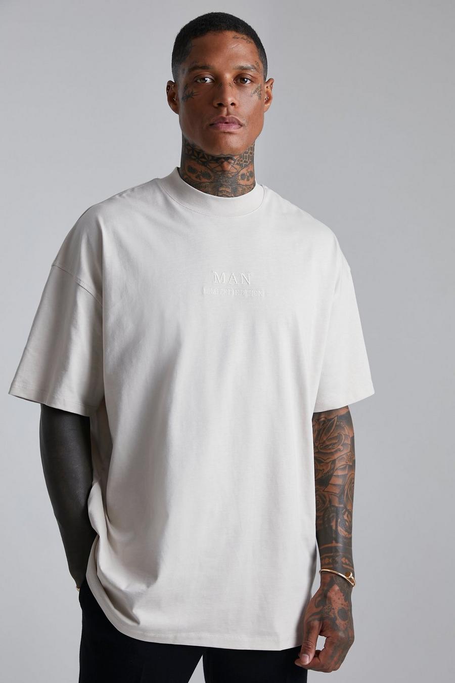 Beige Man Oversized Embroidered T-shirt