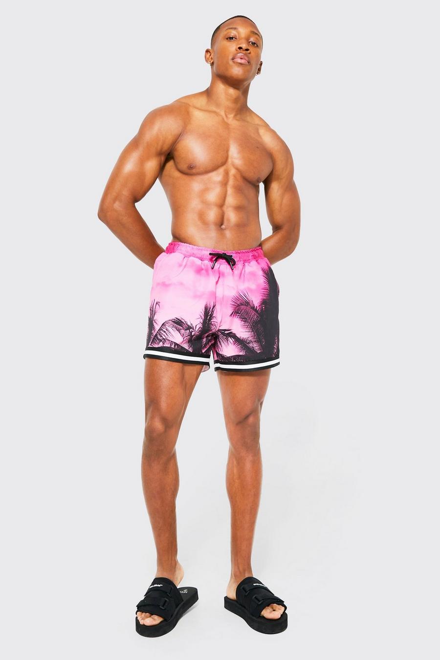 Pink Recycled Short Palm Swim Shorts With Tape
