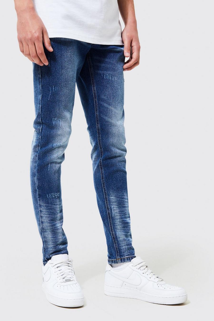 כחול ביניים סקיני ג'ינס נמתח עם קרעים image number 1