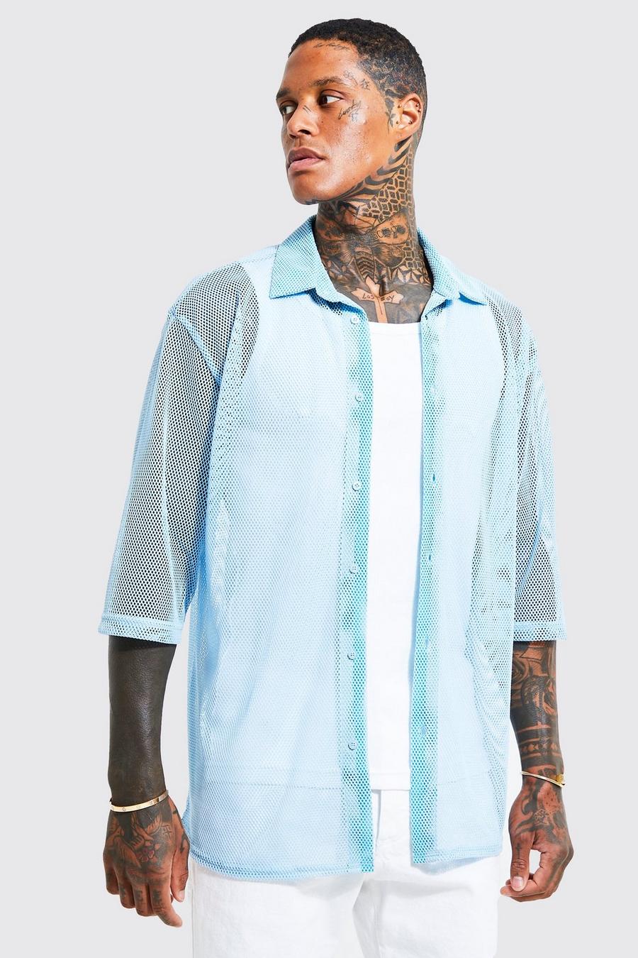 Oversize Mesh-Hemd mit dreiviertel-Ärmeln, Light blue image number 1
