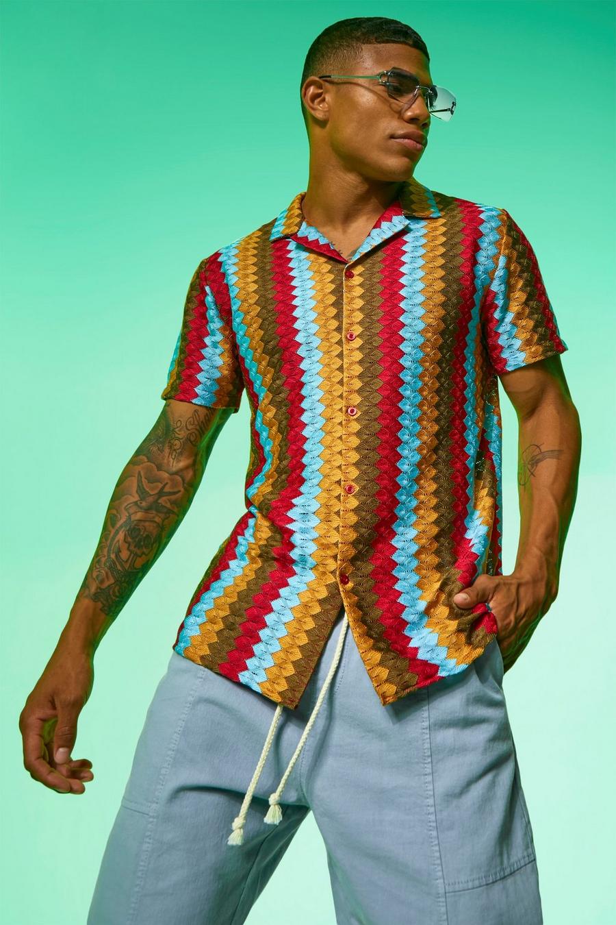 Multi Short Sleeve Revere Crochet Shirt image number 1