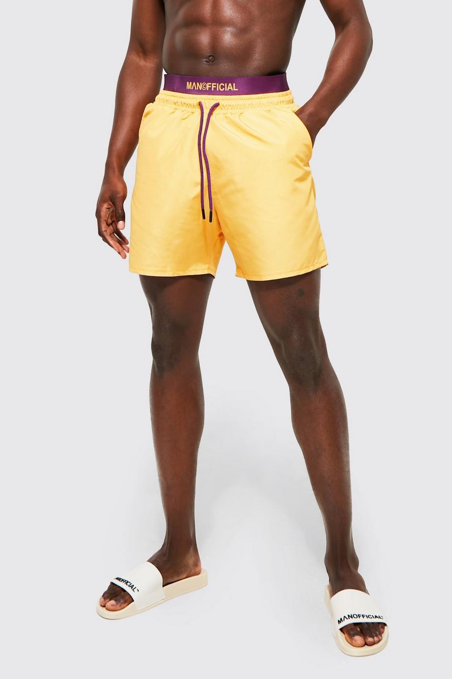 Neon-orange Recycled Mid Length Man Waistband Swim Shorts
