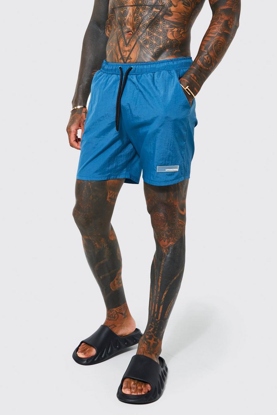 Blue bleu Mid Length Nylon Man Rubber Tab Swim Shorts