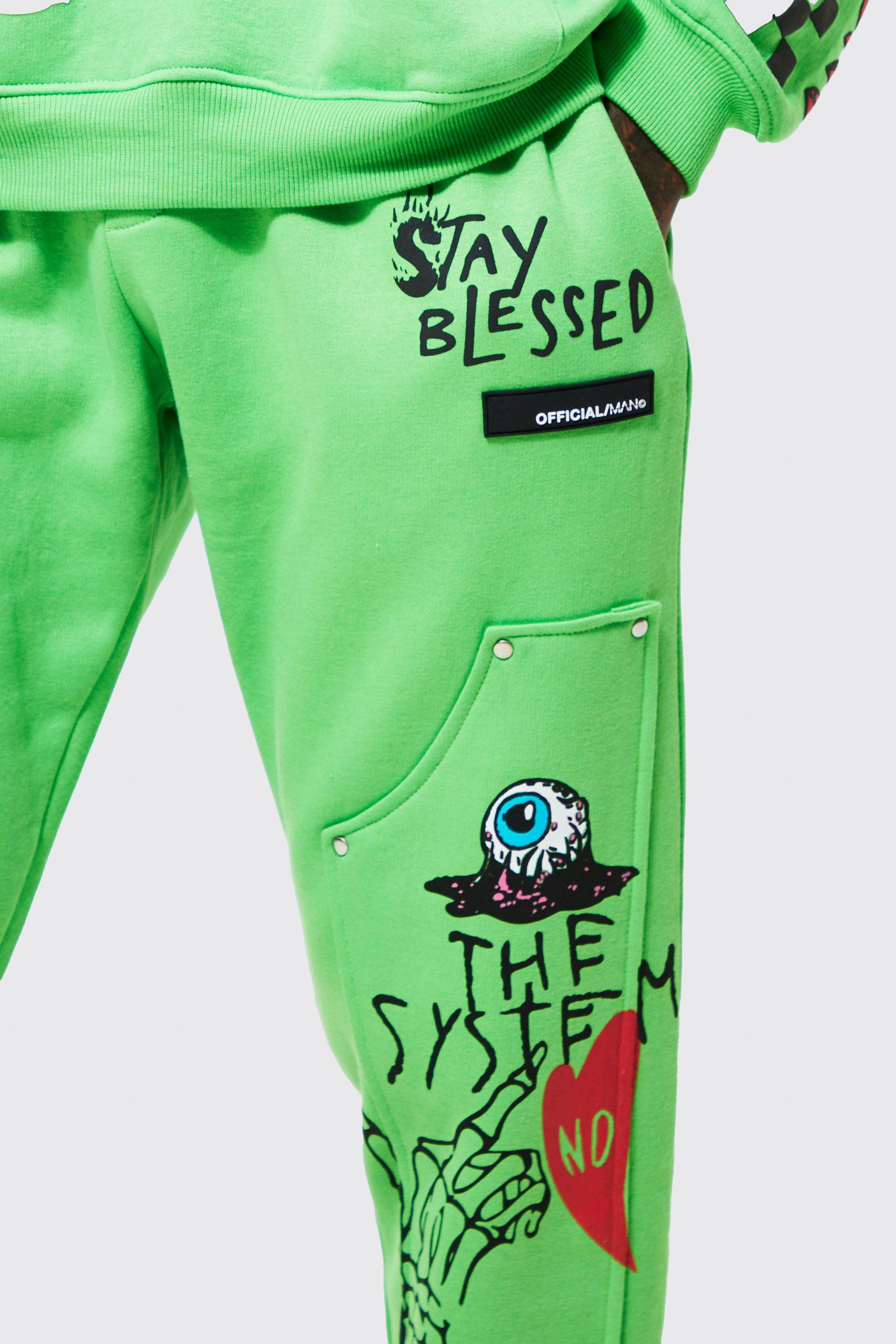 Regular Fit Graffiti Worker Patch Joggers boohoo IE