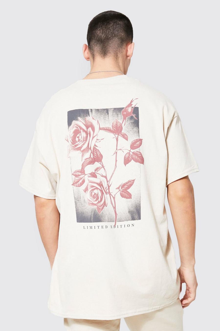 Oversize T-Shirt mit floralem Print, Sand beige