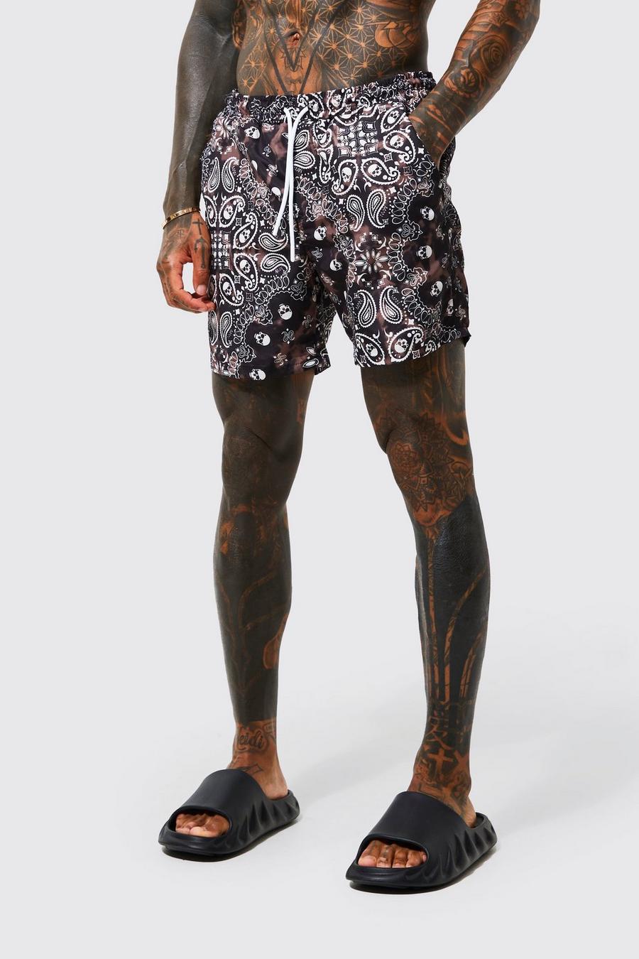 Brown Mid Length Bandana Tie Dye Swim Shorts image number 1