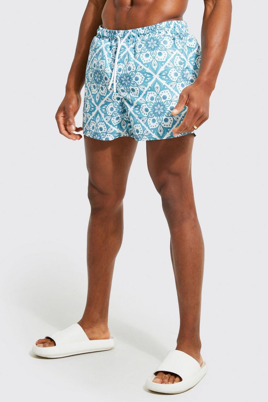 Blue Recycled Short Runner Floral Geo Swim Shorts
