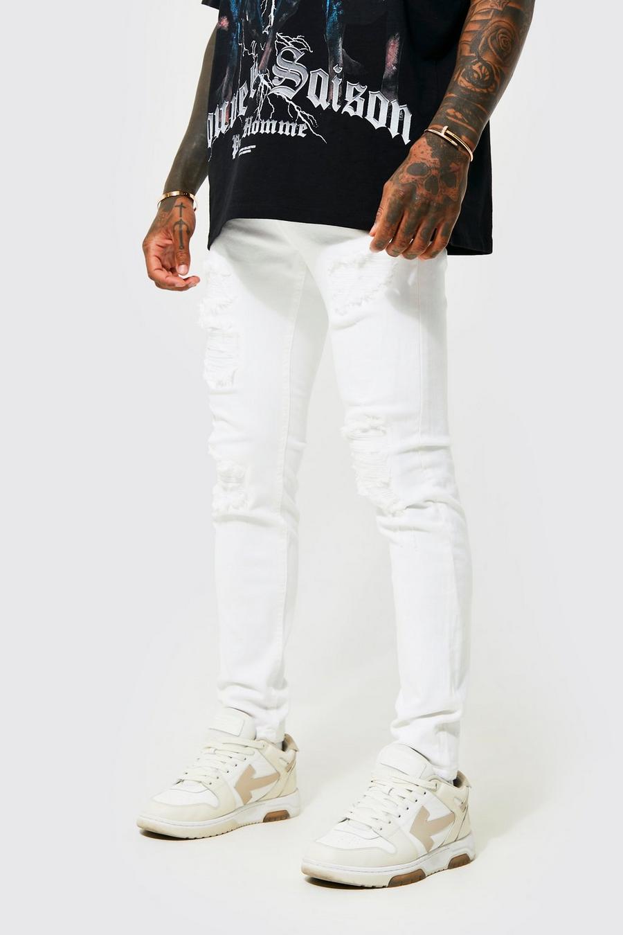 White Skinny Stretch Busted Knee Rip & Repair Jeans image number 1