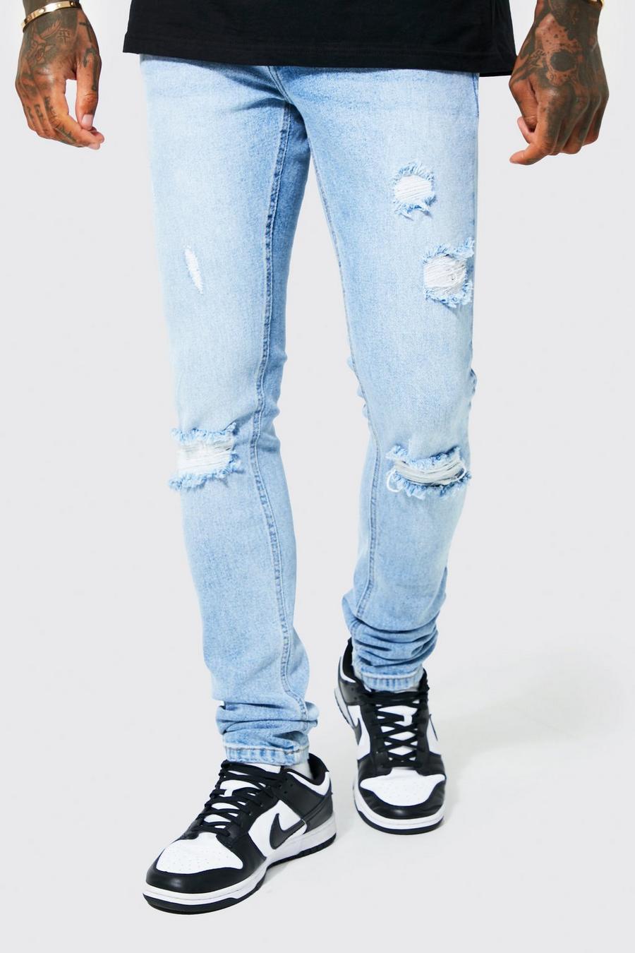 Light blue bleu Skinny Stretch Stacked Busted Knee Jeans