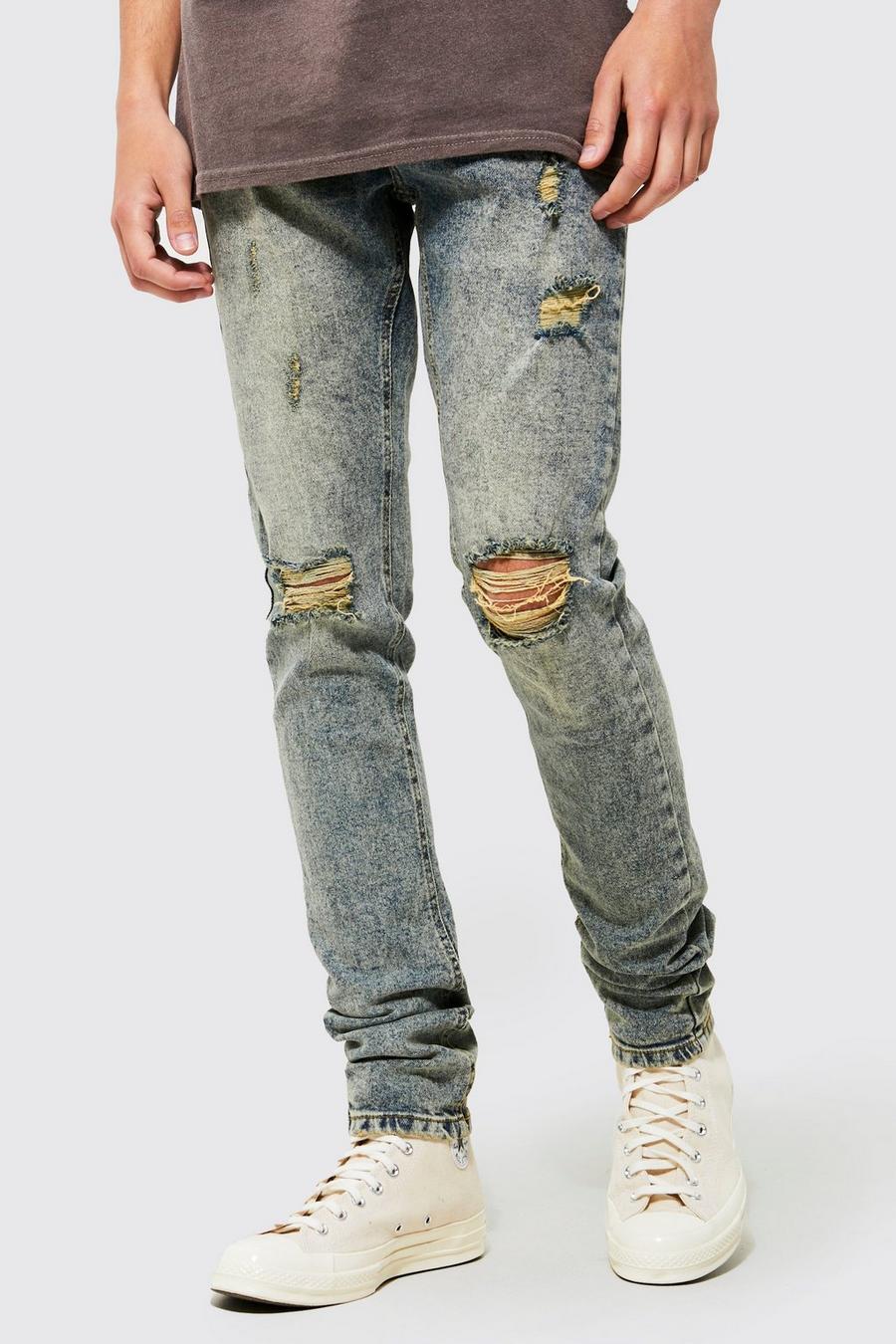 Antique blue Super Skinny Stacked Busted Knee Jeans