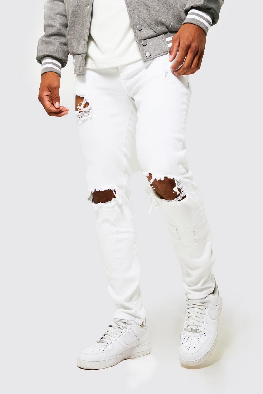 White Skinny Stretch Stacked Busted Knee Jeans image number 1
