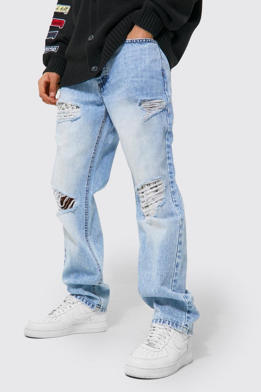 Ice blue Straight Leg Bandana Rip & Repair Jeans