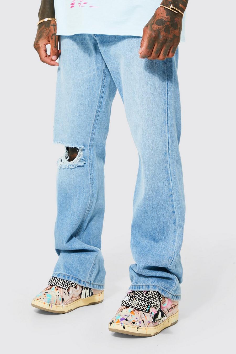 Light blue Baggy Flare Busted Knee Jeans image number 1